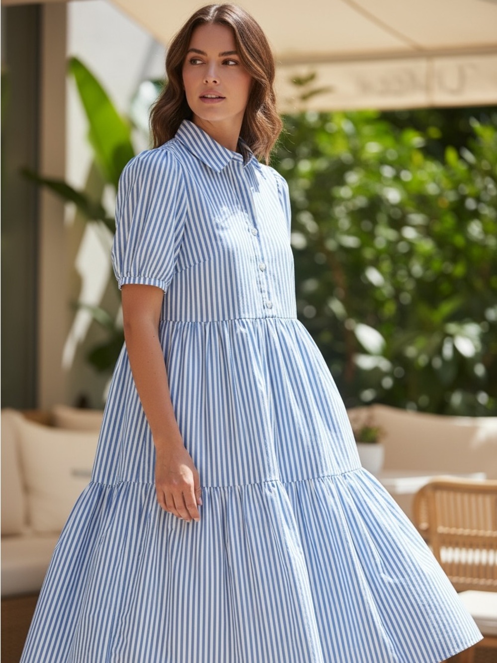 Reserved Blue and White Striped Collared Tiered Dress